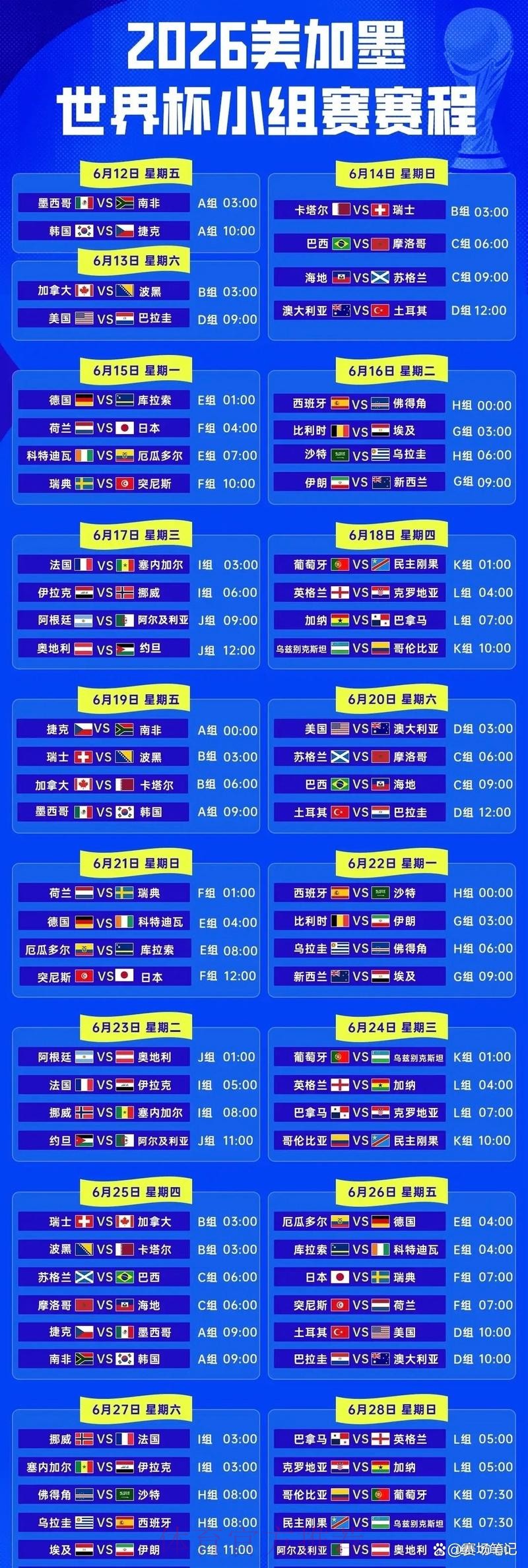 2026世界杯赛程公布具体时间揭晓